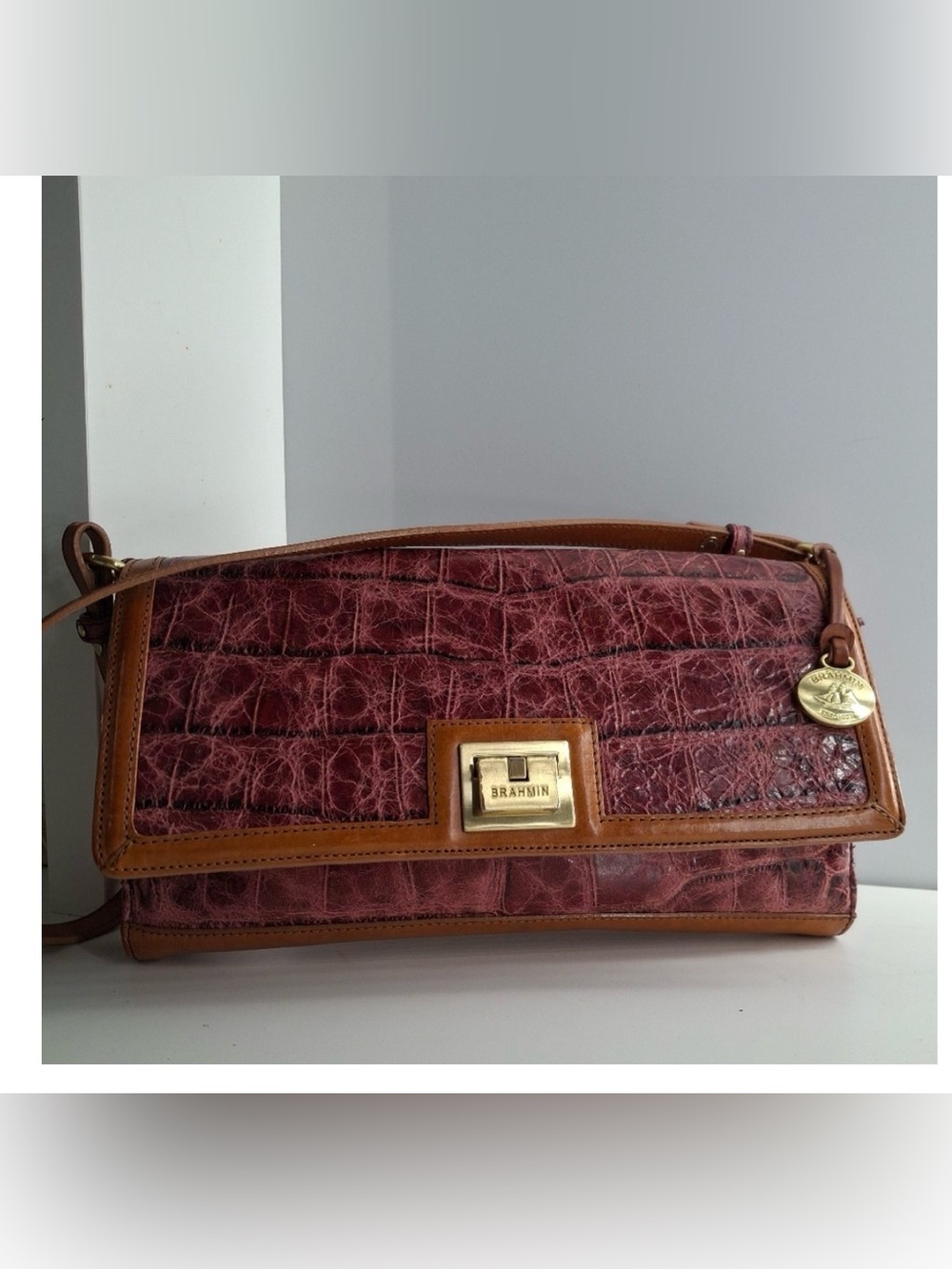 Brahmin Burgundy Croc-Embossed Clutch with Tan Trim